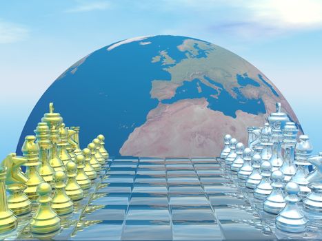 Chessboard with earth planet and blue sky - 3D render