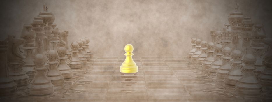 Chessboard with golden pion ahaead and vintage background - 3D render