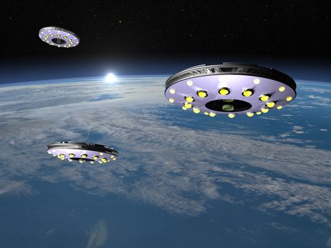 Three UFOs flying upon earth by rising sun - 3D render