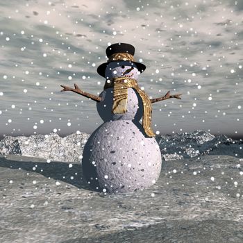 Snowman standing on the hill by snowing evening - 3D render