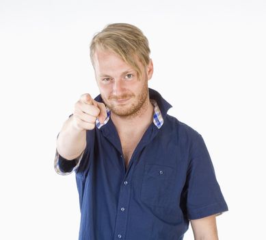 Young Man Making a Pointing Gesture with his Finger