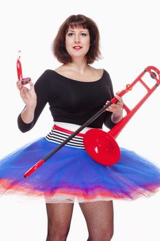 Young Female Musician with Red Trombone Dancing - Isolated on White
