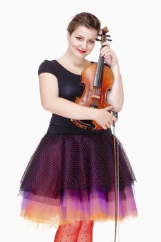 Portrait of Young Female Violin Player in Colorful Skirt - Isolated on White