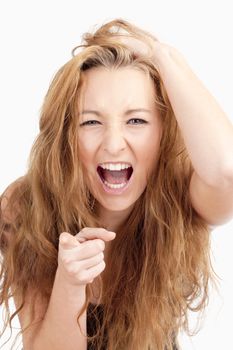 Frustrated Girl with Long Brown Hair Screaming, Pointing with Index Finger