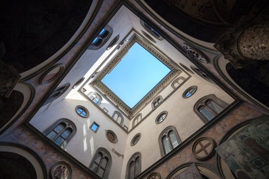 Pisa, Italy - August 10, 2013: Internal court yard sky view of Palazzo Vecchio in Florence, Italiy