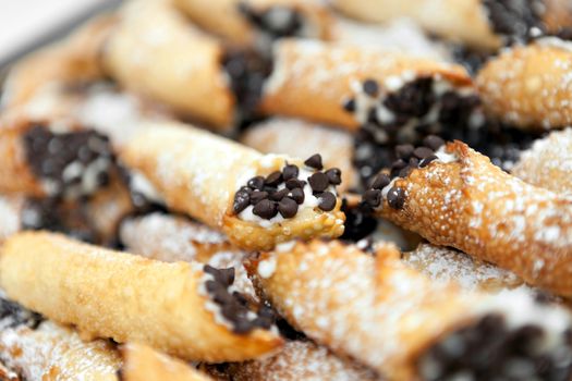 Tray full of freshly filled cannolis with chocolate chips and confectioners sugar. Shallow depth of field.