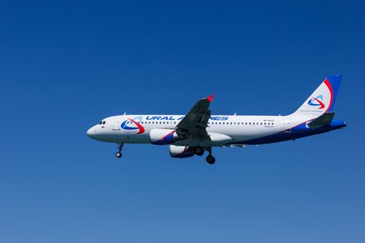 Sunday, June 29th, 2014 Corfu,  Ural Airlines Airlines Airbus A320-214 landing at Corfu i Airport. Ural Airlines operates scheduled and chartered domestic and international flights.