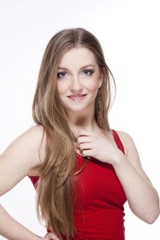 portrait of a young beautiful woman with long brown hair - isolated on white