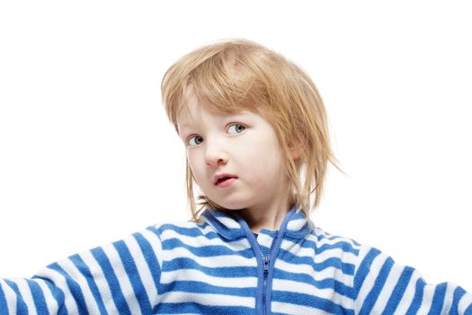 studio portrait of a boy with long blond hair - isolated on white