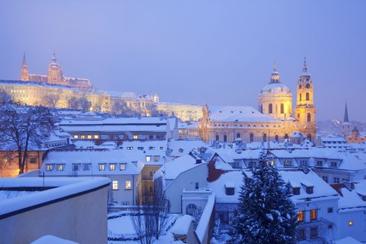 prague - hradcany castle and rooftops of mala strana in winter