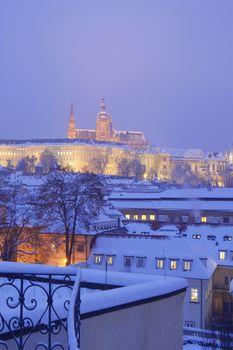 prague - hradcany castle and rooftops of mala strana in winter