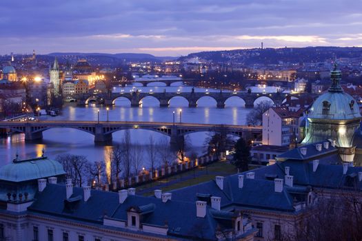 czech republic, prague - bridges over vltava river at morning light