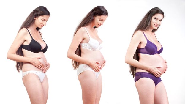 pregnant woman with long hair - digital composite of pregnancy progress in time