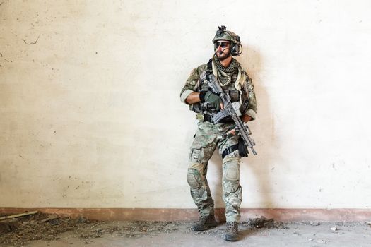 Portrait of american soldier guarding during military operation