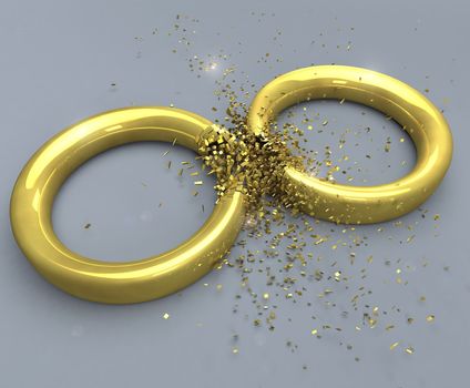 Illustration of a symbol for the end of a marriage: two golden rings exploding.