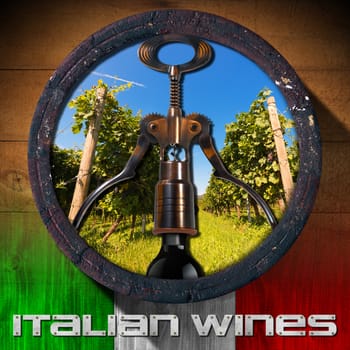 Old wooden barrel with green vineyard inside, corkscrew and black wine bottle, italian flag and text Italian Wines