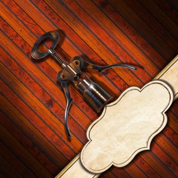 Wooden background with old brown and black corkscrew and empty label. Template for wine list or menu 