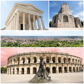 composite picture with four monuments in Nimes, Gard, France