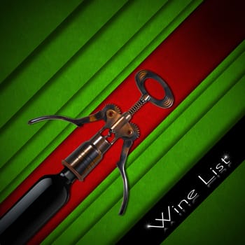 Red and green velvet background with old brown and black corkscrew, text  - Wine List. Template for wine list or menu 