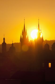 czech republic, prague - spires of the old town and tyn church at sunrise