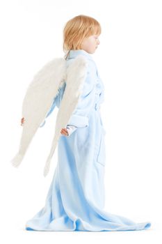 boy with long blond hair and angel wings - isolated on white