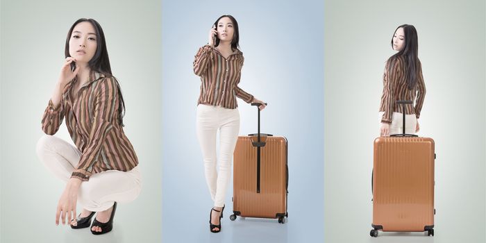 Travel concept with Asian beauty with a luggage in a set.