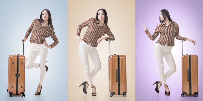 Travel concept with Asian beauty with a luggage in a set.