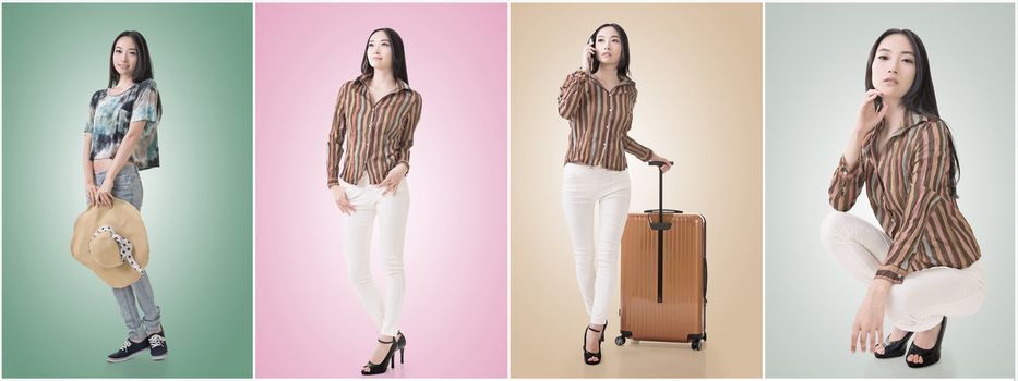 Travel concept with Asian beauty with a luggage in a set.