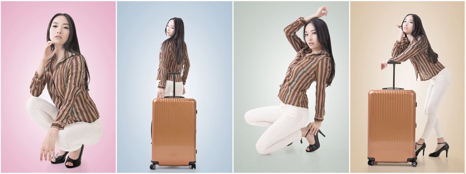 Travel concept with Asian beauty with a luggage in a set.