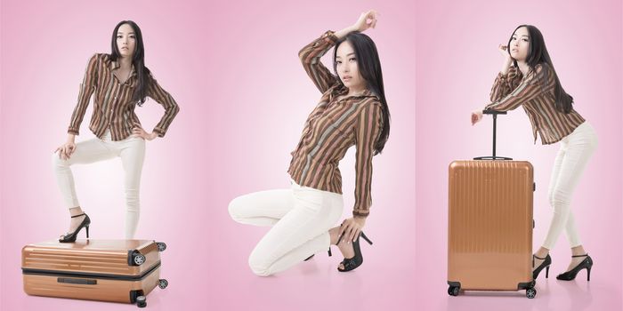 Travel concept with Asian beauty with a luggage in a set.