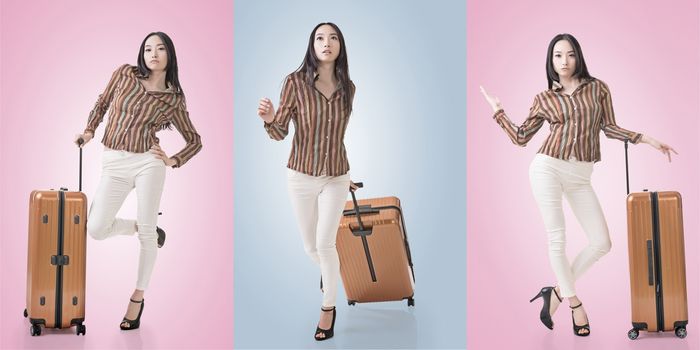 Travel concept with Asian beauty with a luggage in a set.