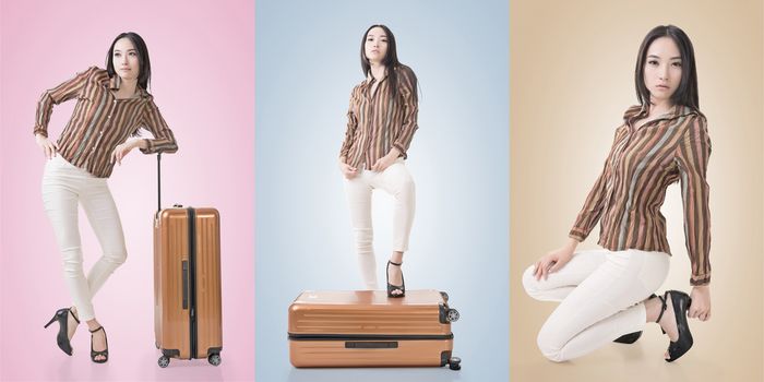 Travel concept with Asian beauty with a luggage in a set.