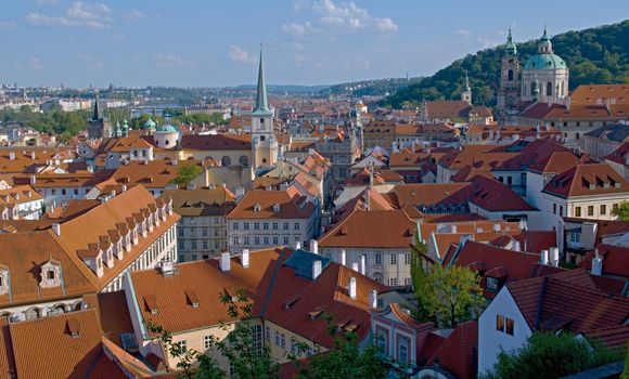 Photo shows general view onto city red roof houses.