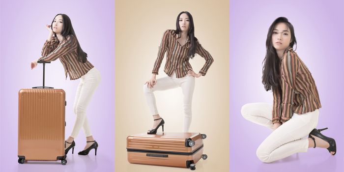 Travel concept with Asian beauty with a luggage in a set.