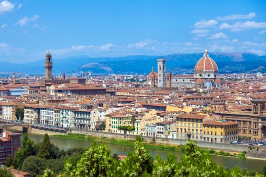 Cathedral Santa Maria del Fiore and Pallazo Vecchio in Florence city view, Italy