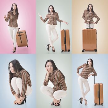 Travel concept with Asian beauty with a luggage in a set.