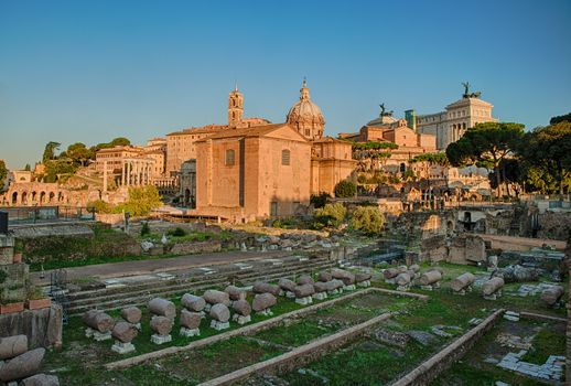 The Roman Forum is a rectangular forum (plaza) surrounded by the ruins of several important ancient government buildings at the center of the city of Rome.