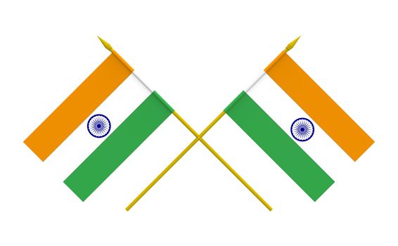Two crossed flags of India, 3d render, isolated on white
