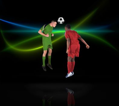 Football players tackling for the ball on black background with lights