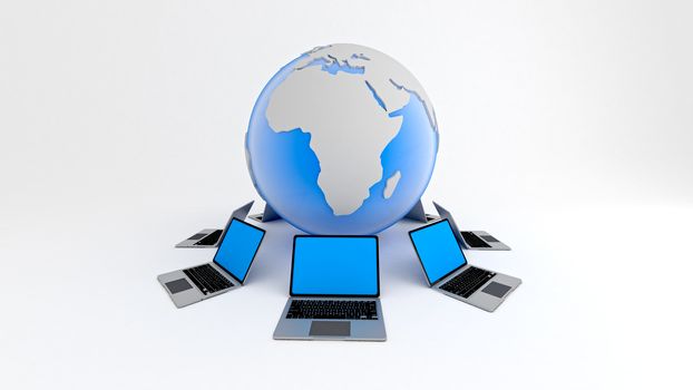 3D render of Laptops around globe on white background. Global network concept.