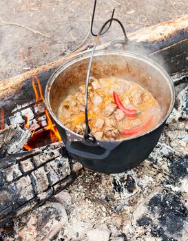 Cooking Goulash soup in cauldron on burning campfire