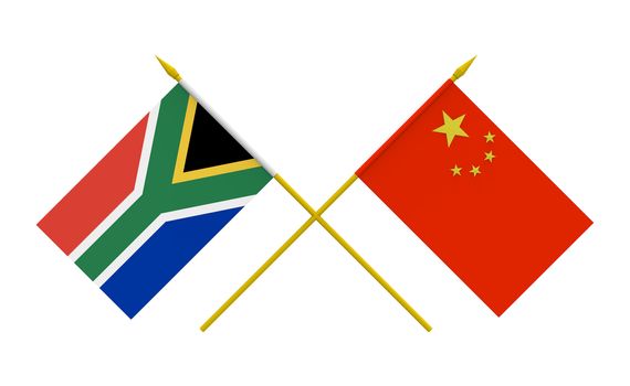 Flags of China and South Africa, 3d render, isolated