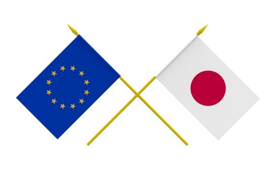 Flags of Japan and European Union, 3d render, isolated on white