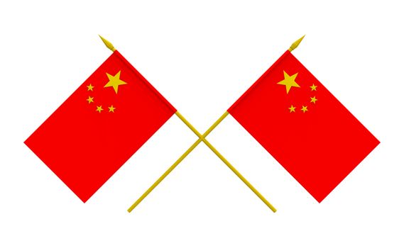 Two crossed flags of China, 3d render, isolated on white