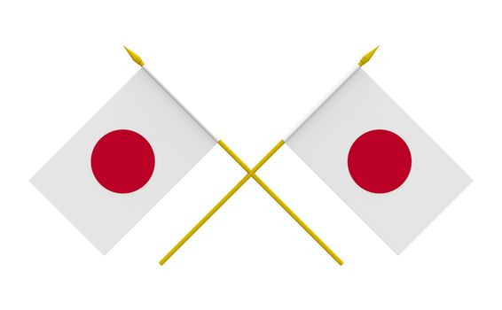 Two crossed flags of Japan, 3d render, isolated on white