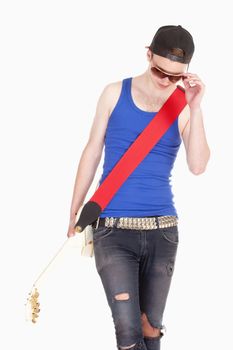 Teenage Boy with Sunglasses and Electric Guitar - Isolated on White