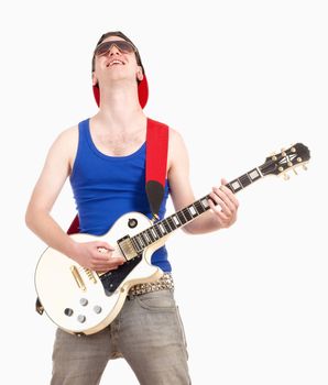 Teenage Boy with Sunglasses Playing Electric Guitar - Isolated on White