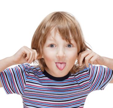 boy with long blond hair sticking out his tongue - isolated on white