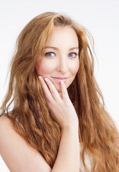 Young Beautiful Woman with Long Brown Hair Looking, Thinking