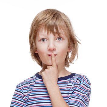 Boy Looking Thinking, Finger on his Mouth - Isolated on White